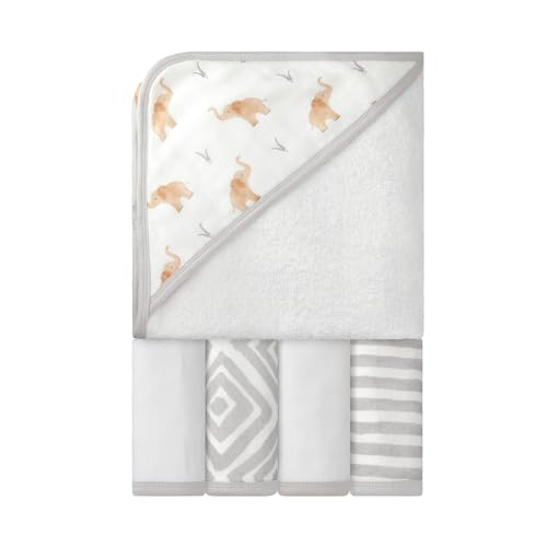 Featherhead 5-Piece Cotton Muslin Hooded Towel Washcloths Set for Baby Boy
