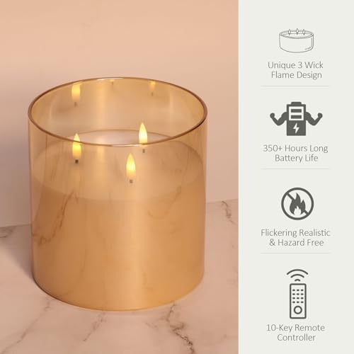 Eywamage 3 Wick Gold Glass Flameless Candle with Remote Control