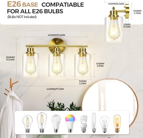 CRIRY 3 Light Brushed Gold Vanity Light Fixtures Over Mirror Wall Sconces