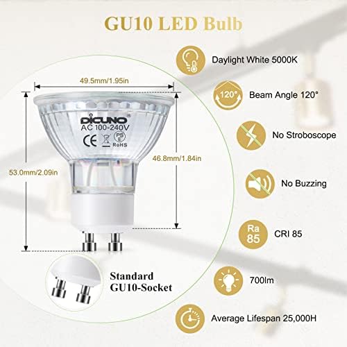DiCUNO GU10 LED Light Bulbs 6 Pack 60W Halogen Replacement