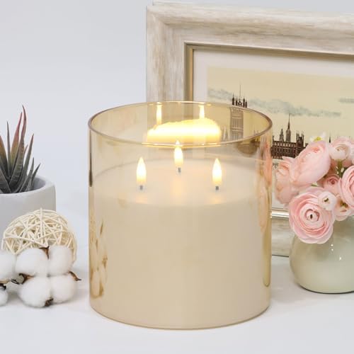 Eywamage 3 Wick Gold Glass Flameless Candle with Remote Control