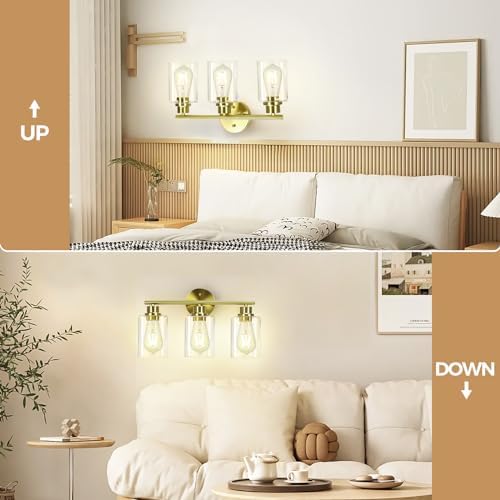 CRIRY 3 Light Brushed Gold Vanity Light Fixtures Over Mirror Wall Sconces
