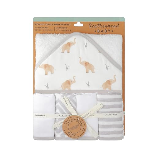 Featherhead 5-Piece Cotton Muslin Hooded Towel Washcloths Set for Baby Boy