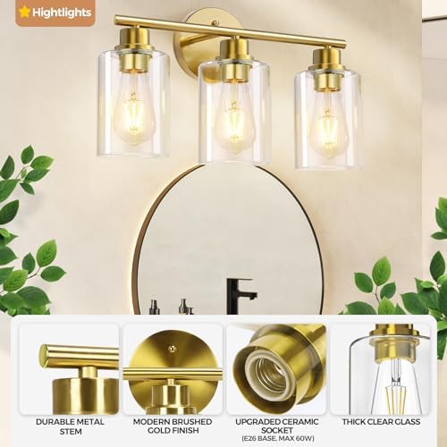 CRIRY 3 Light Brushed Gold Vanity Light Fixtures Over Mirror Wall Sconces