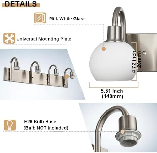 WINSHEN 204 Inch 3-Light Vanity Lamp Brushed Nickel with Milk White Glass