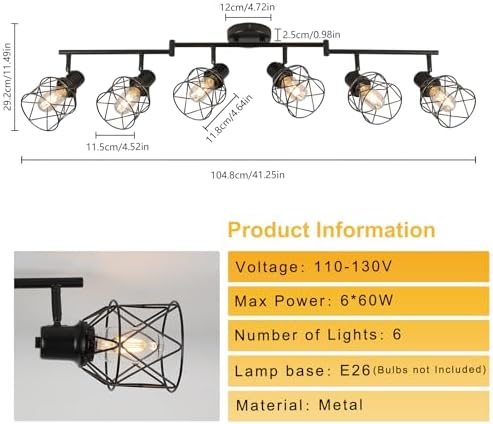 WILON 6 Light Track Lighting Kit - Black Industrial Flush Mount Ceiling Light