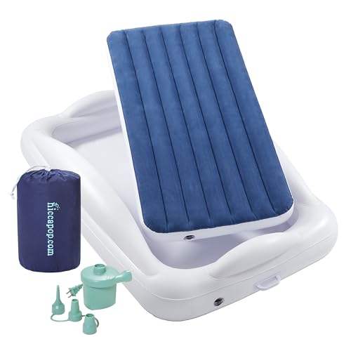 hiccapop Inflatable Toddler Travel Bed with 4-Sided Safety Bumpers Navy Blue