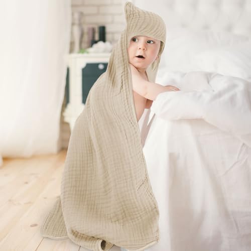 Peryiter Muslin Hooded Baby Towel - 32x32 Inch Absorbent Newborn Bath Towel