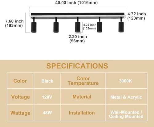 TODOLUZ 5-Light LED Track Light Fixture Black Matte Cylindrical Shades