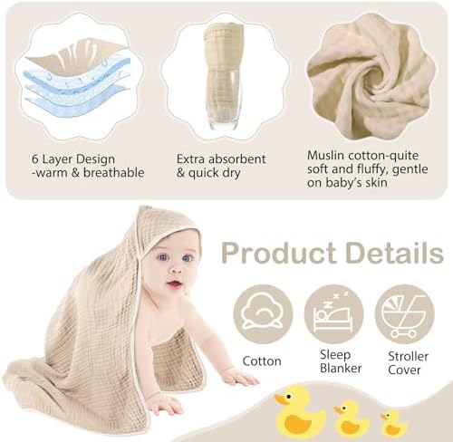 Peryiter Muslin Hooded Baby Towel - 32x32 Inch Absorbent Newborn Bath Towel