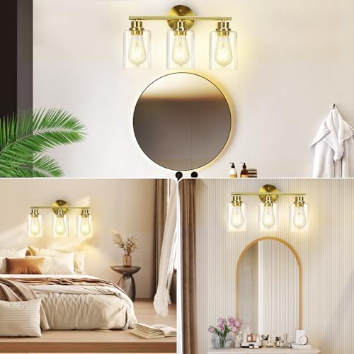 CRIRY 3 Light Brushed Gold Vanity Light Fixtures Over Mirror Wall Sconces
