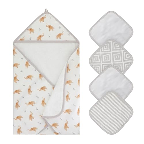 Featherhead 5-Piece Cotton Muslin Hooded Towel Washcloths Set for Baby Boy