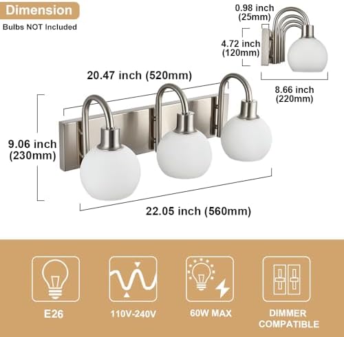 WINSHEN 204 Inch 3-Light Vanity Lamp Brushed Nickel with Milk White Glass