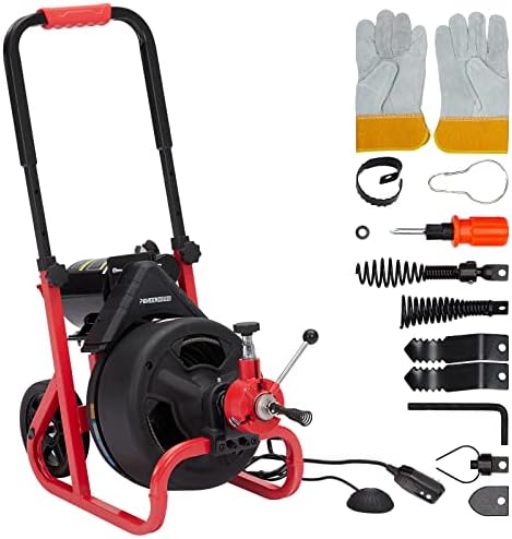 PioneerWorks 100Ft Drain Auger with Electric Cleaner and 6 Cutters