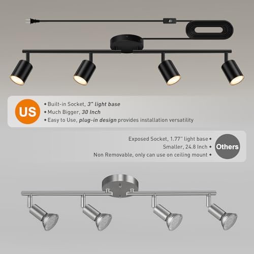 Bricosmocon 4-Light Track Lighting Kit Black Plug In Ceiling Wall Use