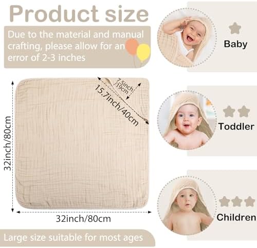 Peryiter Muslin Hooded Baby Towel - 32x32 Inch Absorbent Newborn Bath Towel