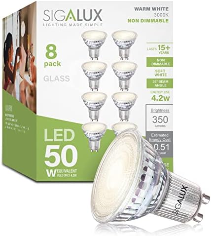 Sigalux 8 Pack GU10 LED Bulbs 50W Equivalent 3000K Warm White Non-Dimmable