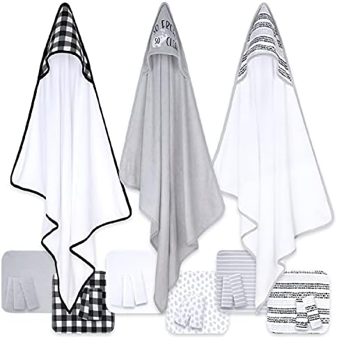 The Peanutshell Baby Hooded Towel Set - 23 Piece Black Plaid and Stripe