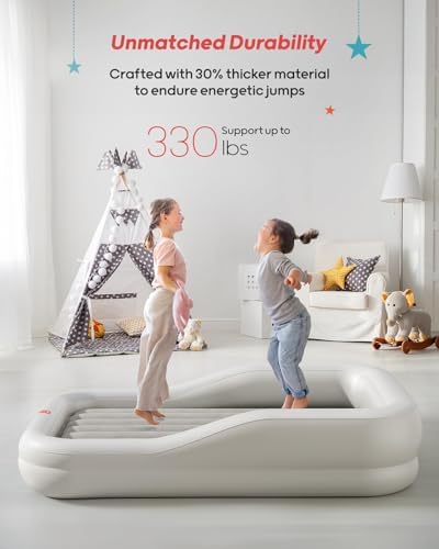 QPAU Inflatable Toddler Travel Bed with Safety Bumpers and Electric Pump