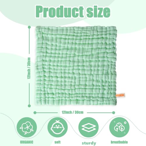 MUKIN Baby Washcloths - 6 Pack Soft Face Cloths 12x12 Inches Green
