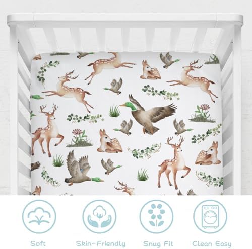 KASTLEE Crib Sheets with Deer and Duck Print 52x28 Soft Breathable