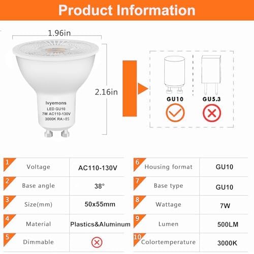 Ivyemons GU10 LED Dimmable Bulb 7W 3000K Warm White Flicker-Free