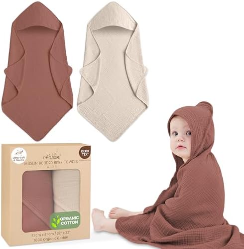 Organic Cotton Muslin Baby Hooded Towels - 2 Pack 32x32 Inch
