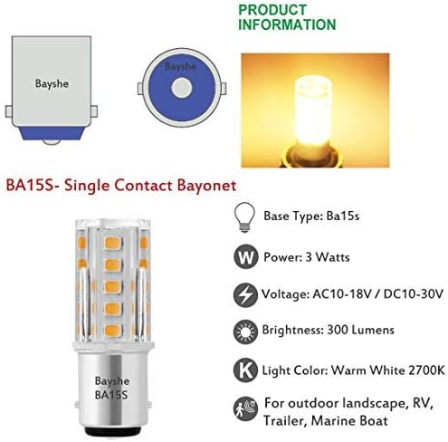 BAYSHE 3W 12V BA15S LED Light Bulb Pack of 5 Warm White