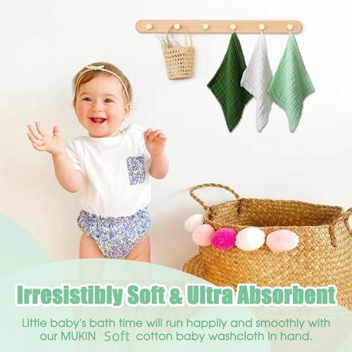 MUKIN Baby Washcloths - 6 Pack Soft Face Cloths 12x12 Inches Green
