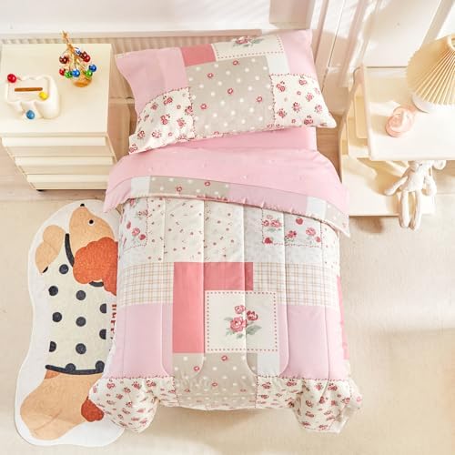 Joyreap 4-Piece Toddler Bedding Set - Pink Flower Plaid