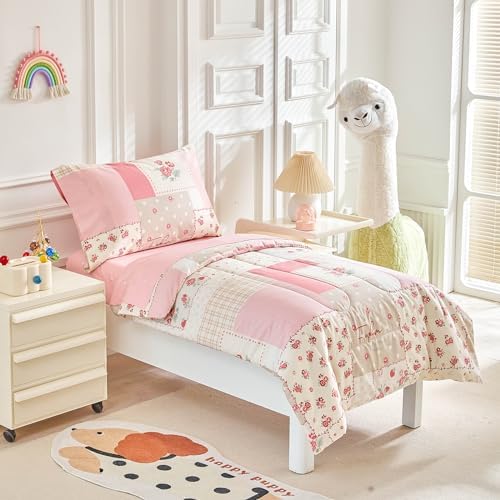 Joyreap 4-Piece Toddler Bedding Set - Pink Flower Plaid