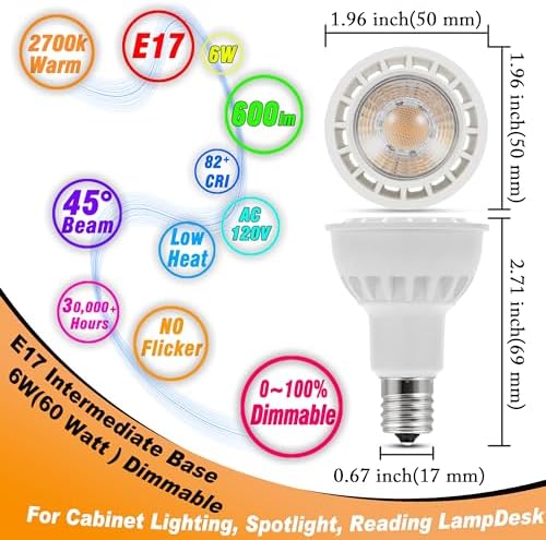 Heifymi Dimmable E17 LED Bulb 6W 3 Pack Warm White 2700K
