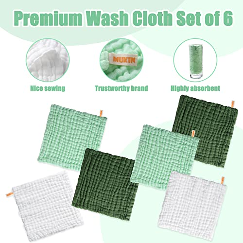 MUKIN Baby Washcloths - 6 Pack Soft Face Cloths 12x12 Inches Green