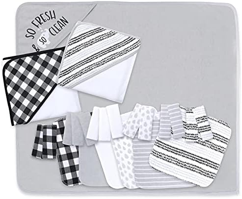 The Peanutshell Baby Hooded Towel Set - 23 Piece Black Plaid and Stripe