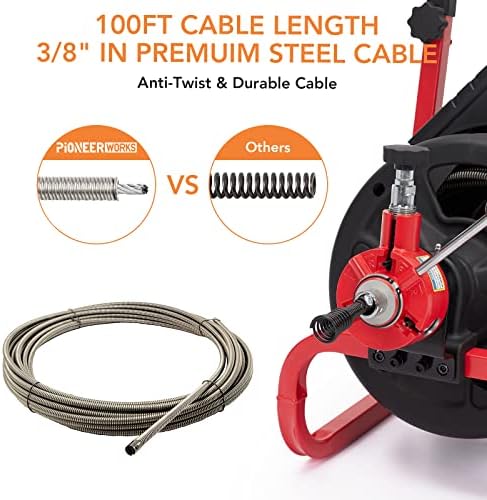 PioneerWorks 100Ft Drain Auger with Electric Cleaner and 6 Cutters