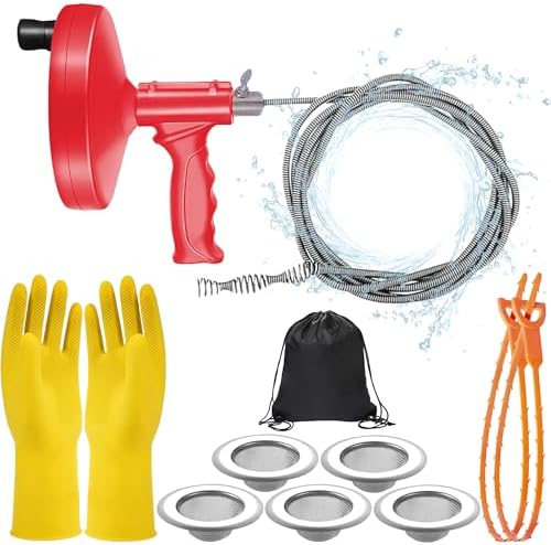 Simplelisa 32 Feet Manual Drain Auger Set with Hair Snake Strainer Gloves