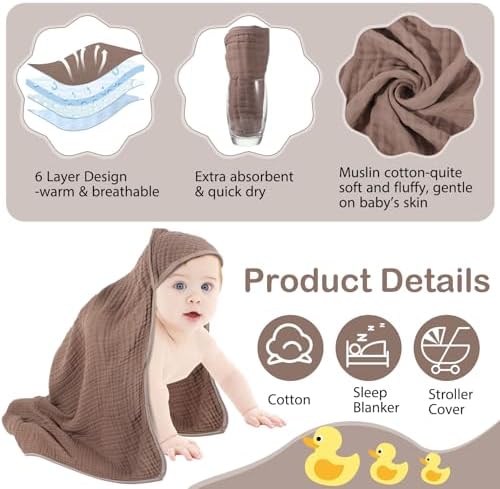 Peryiter Muslin Hooded Baby Towel 32x32 Inch Cotton Towel for Newborn