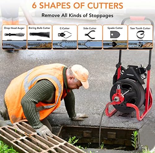 PioneerWorks 100Ft Drain Auger with Electric Cleaner and 6 Cutters