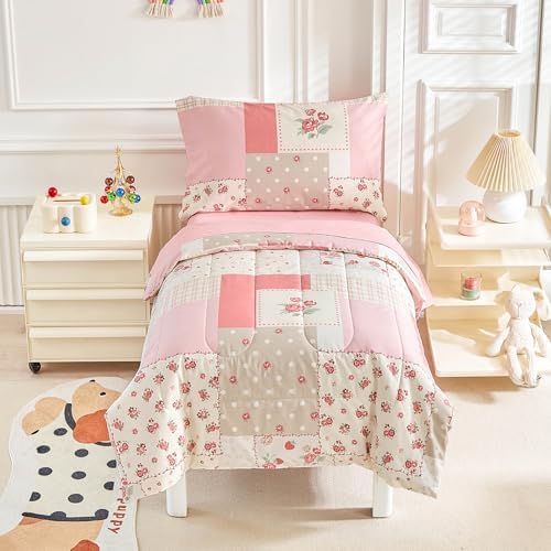 Joyreap 4-Piece Toddler Bedding Set - Pink Flower Plaid