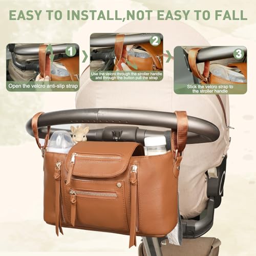 Miss Fong Stroller Organizer with Insulated Cup Holder and Adjustable Strap Brown