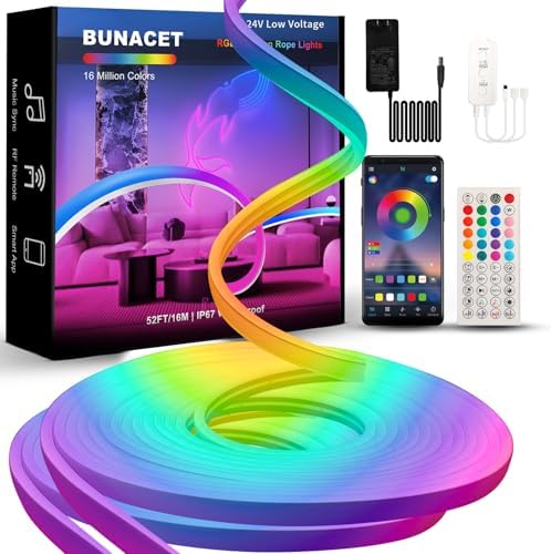 BUNACET 52FT RGBIC LED Strip Light with Remote APP Control