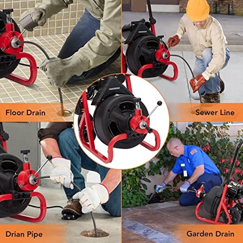 PioneerWorks 100Ft Drain Auger with Electric Cleaner and 6 Cutters