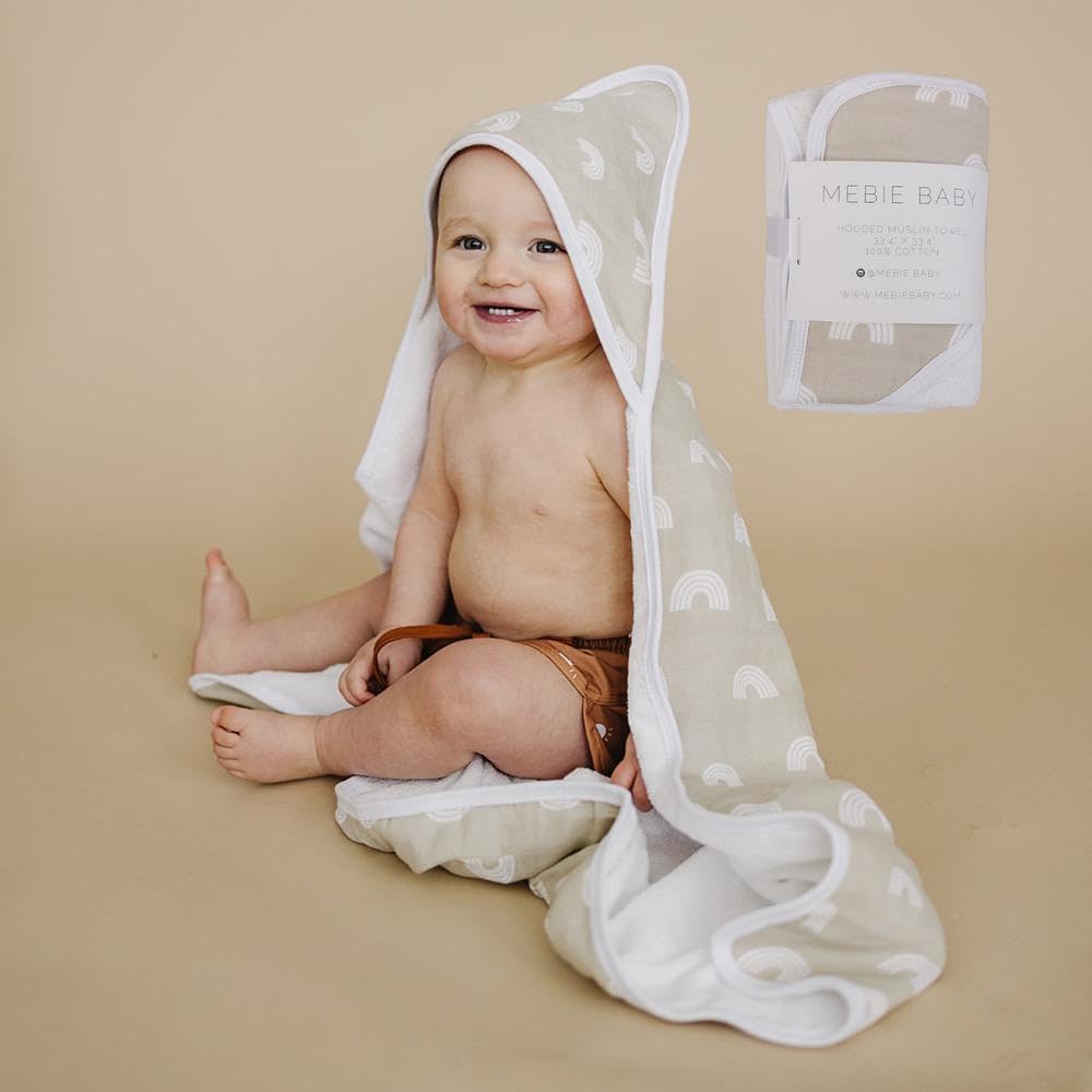 Mebie Baby Muslin Hooded Towel - Sand Rainbow Design
