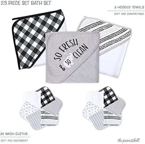 The Peanutshell Baby Hooded Towel Set - 23 Piece Black Plaid and Stripe