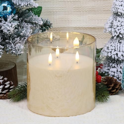 Eywamage 3 Wick Gold Glass Flameless Candle with Remote Control