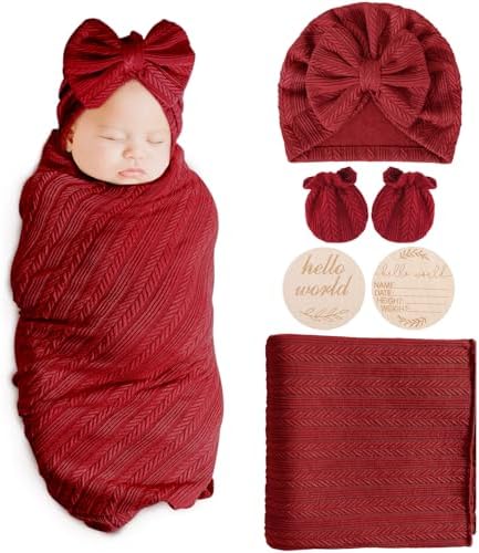 AQOKKA Newborn Receiving Blanket Set with Bow Hat Mittens