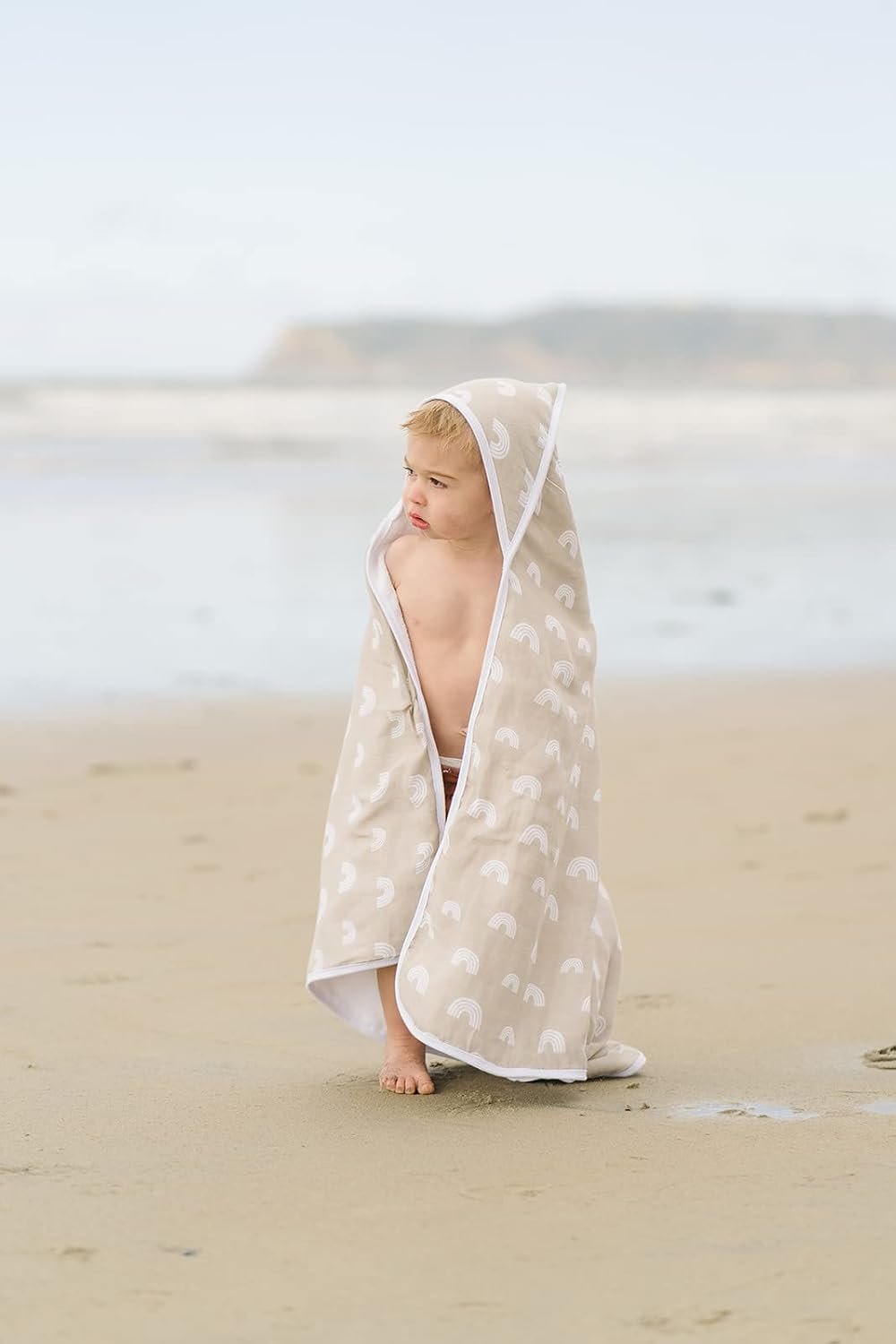 Mebie Baby Muslin Hooded Towel - Sand Rainbow Design
