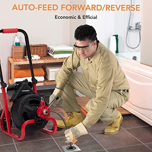 PioneerWorks 100Ft Drain Auger with Electric Cleaner and 6 Cutters