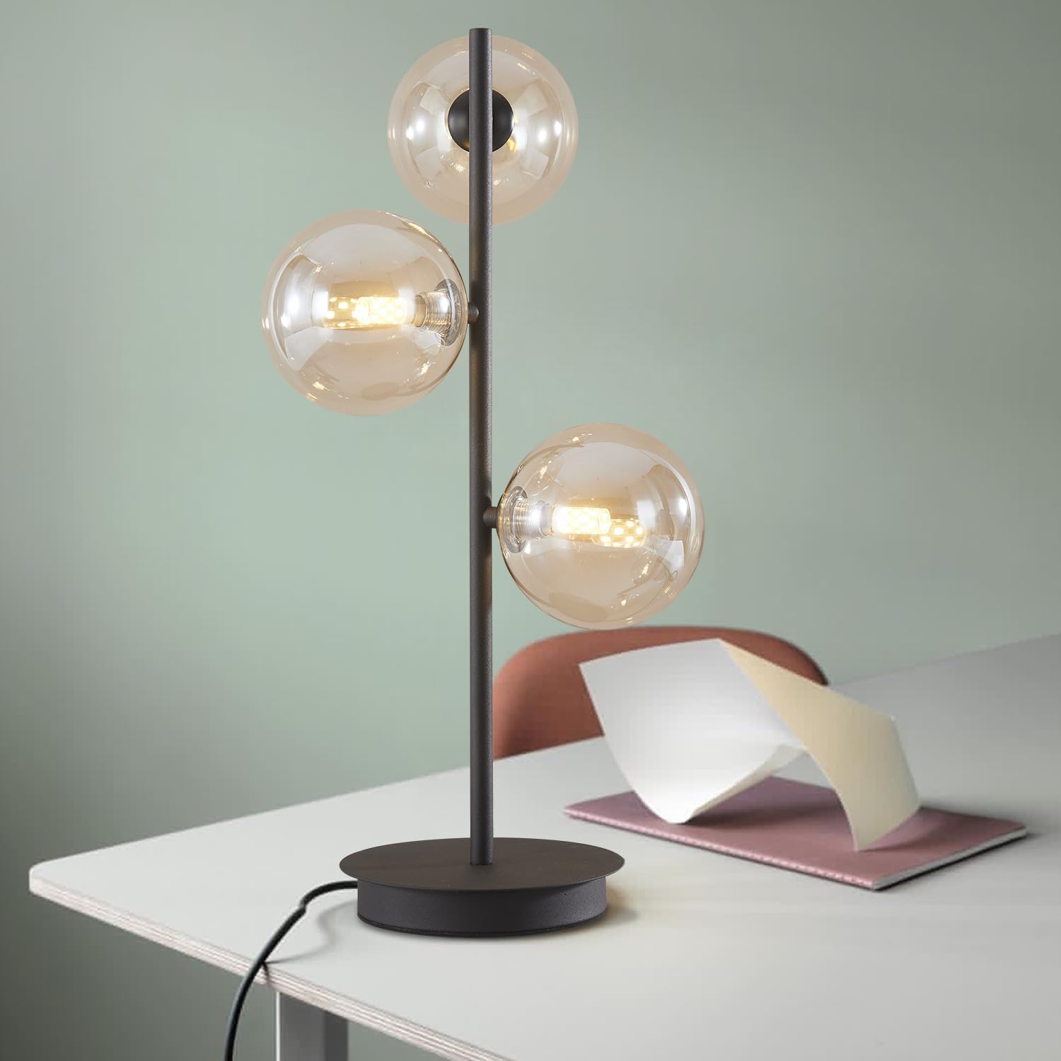 Fulesi Black Globe 3-Light Mid Century Modern Desk Lamp