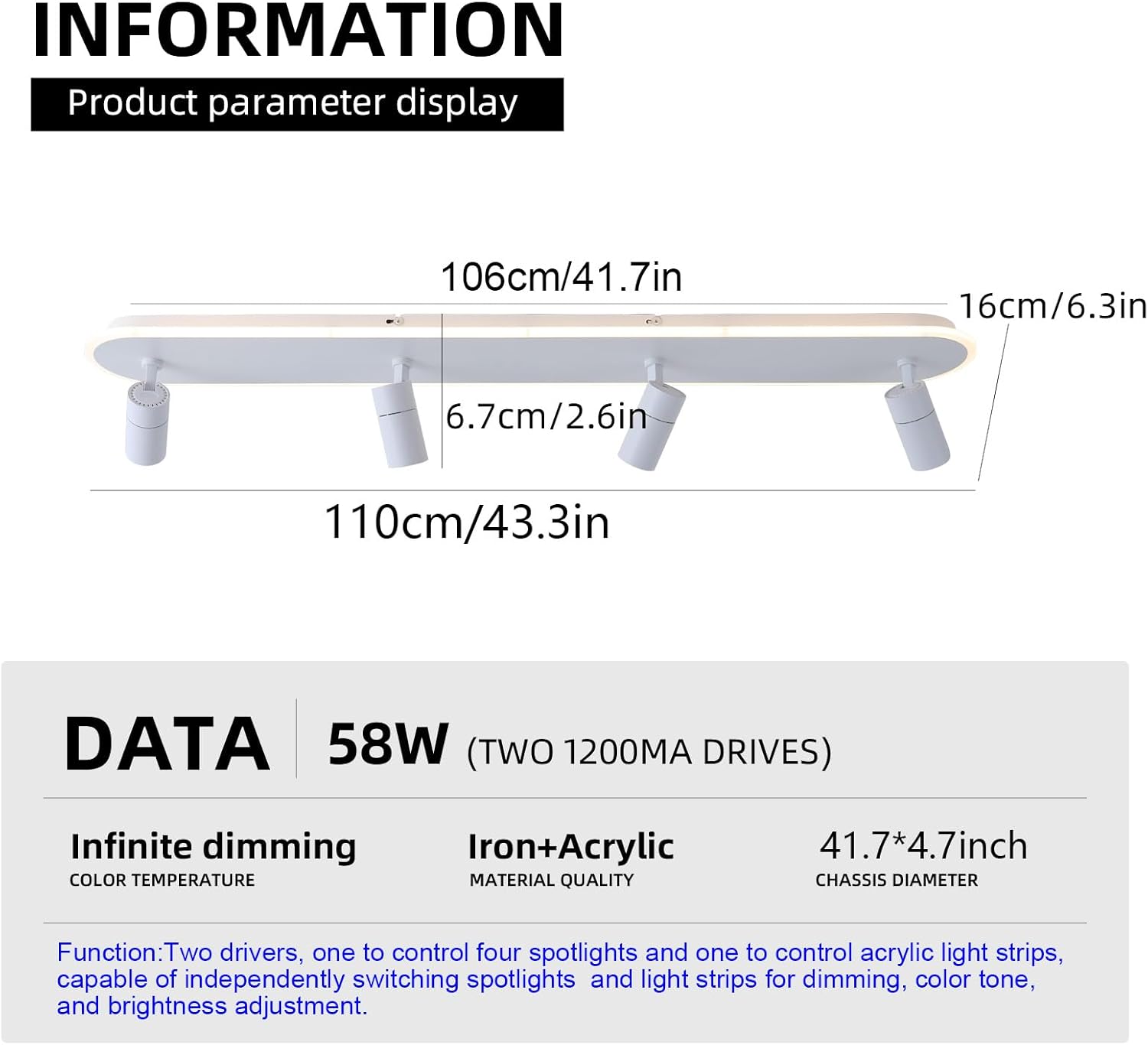 Jaycomey 433in Dimmable LED Ceiling Light with Remote Control White